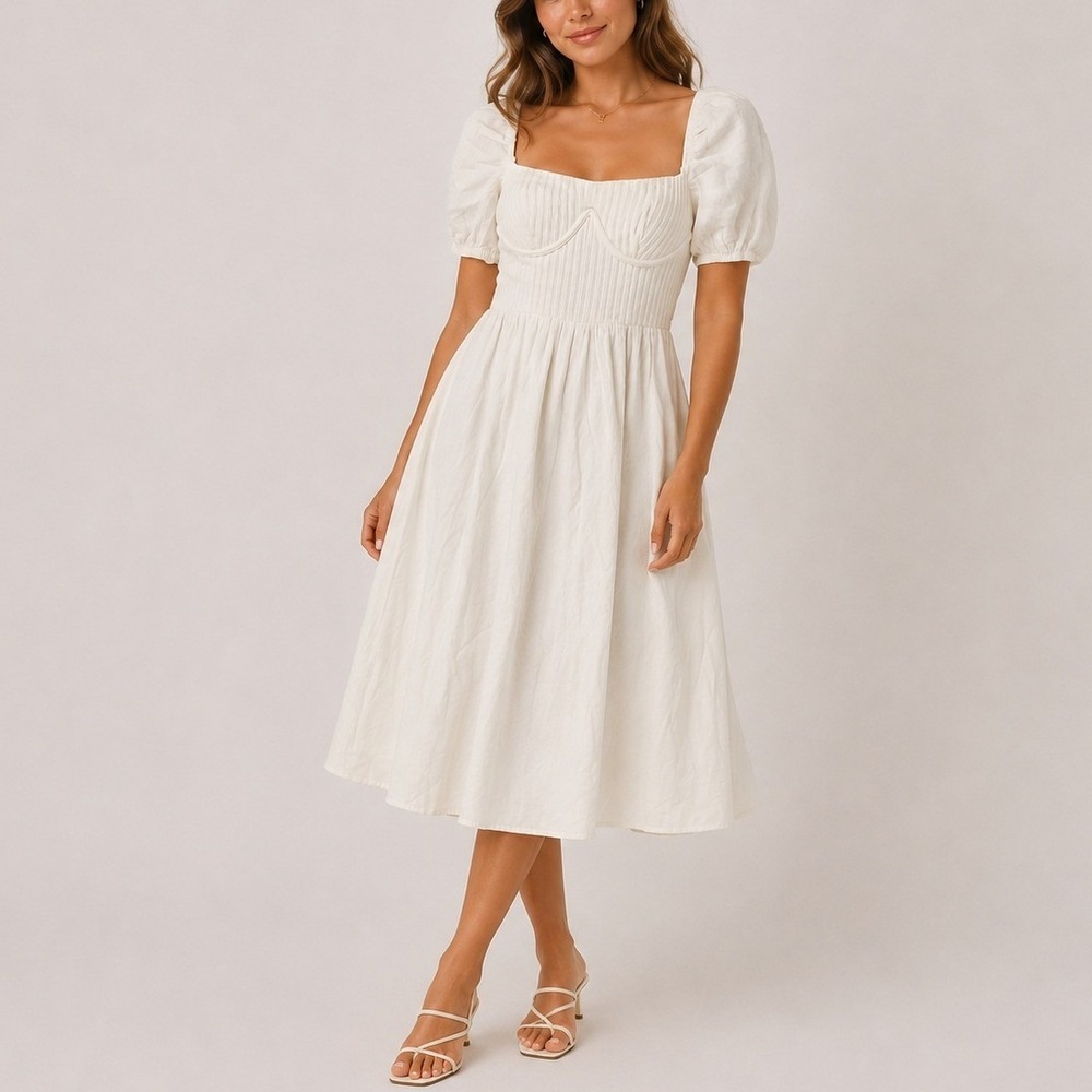 Hello Molly Midi Dress XS White Bustier Puff Sleeve Smocked‎ Cottagecore Summer